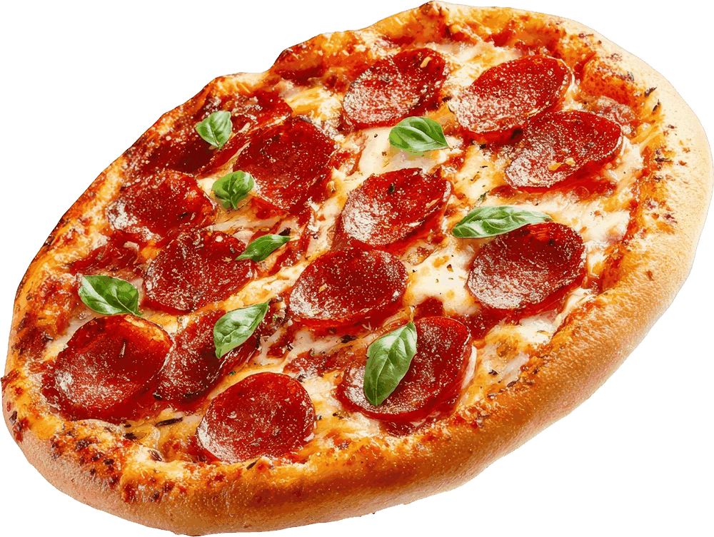 Flame grilled pepperoni pizza on a wooden board